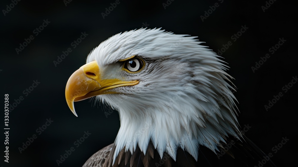 Obraz premium Majestic bald eagle perched with piercing gaze against dark background, showcasing strength and beauty in its vibrant plumage Generative AI