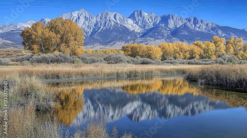 Serene Autumn Reflection: Majestic Mountains Mirrored in a Calm Lake