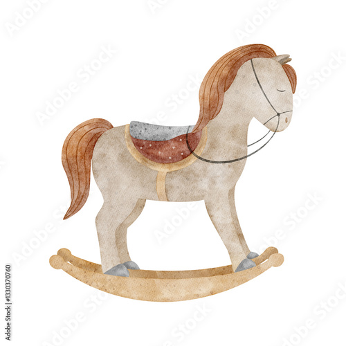 Watercolor illustration vintage rocking horse. Retro style hand drawn pony baby toy drawing on isolated background for greeting cards, christmas invitations, kids room design handmade, posters clothes