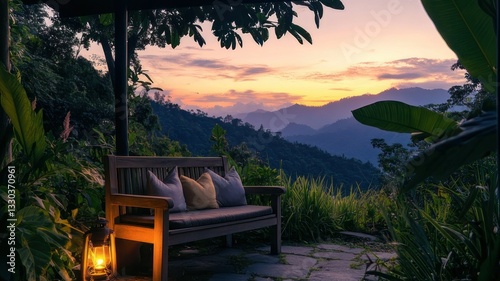 Cozy Outdoor Seating with Scenic Mountain View at Sunset