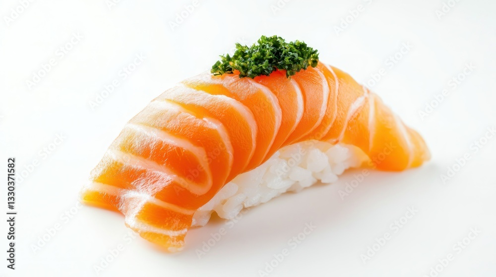 Fresh Salmon Sushi with Herb Garnish on Rice on White Background Fresh Salmon Sushi with Herb Garnish on Rice on White Background