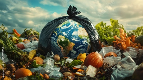 Earth Enclosed in Trash Bag Surrounded by Food Waste and Litter