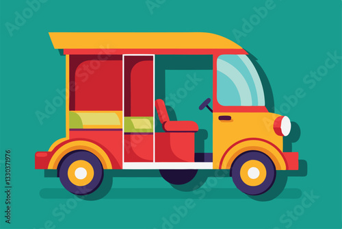 A bright tuk tuk is parked on a colorful background, showcasing its unique design and playful colors, Tuk tuk icon