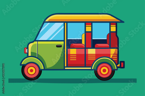 A vibrant tuk tuk icon showcases urban transportation with a bright design and spacious interior, Tuk tuk icon