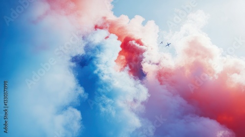Vibrant Smoke Plumes Dazzling Sky with Airplanes in Blue and Red