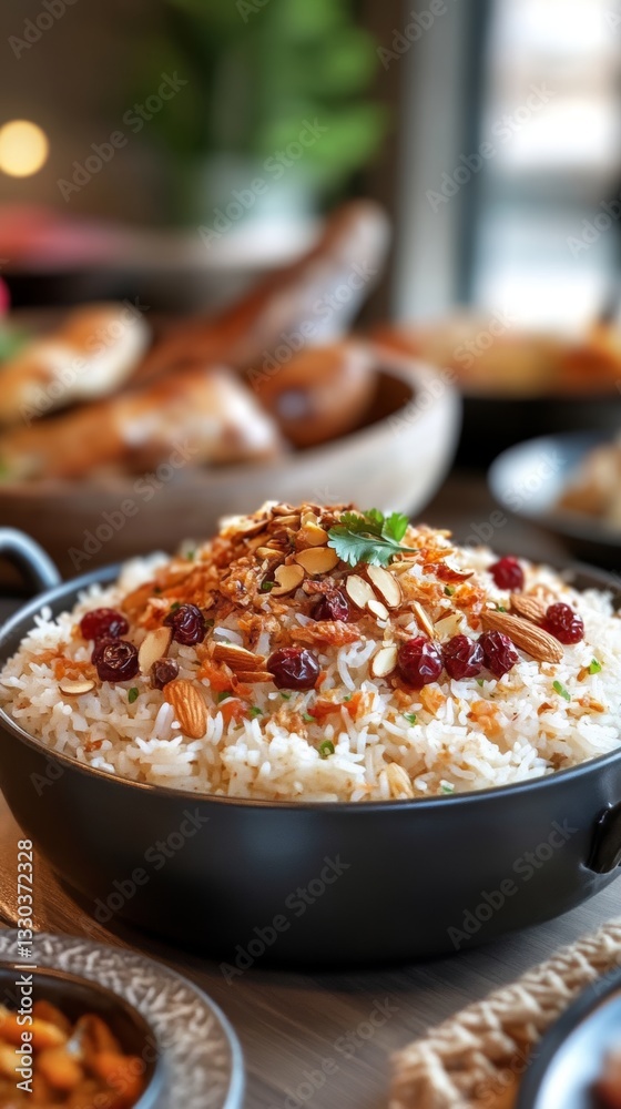 Luxurious Persian saffron rice topped with barberries and slivered almonds, surrounded by ornate dishes and carpets for an extravagant dining experience Luxurious Persian saffron rice topped with barberries and slivered almonds, surrounded by ornate dishes and carpets for an extravagant dining experience