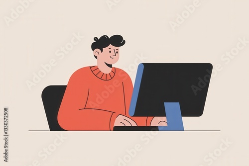 A person with an orange sweater using a desktop computer, sitting at a table, focusing on their task.
