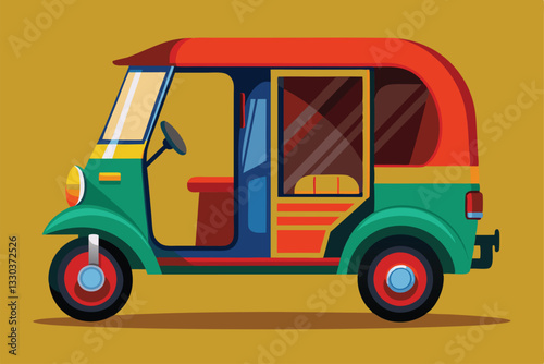 A vibrant tuk tuk icon displays a colorful three-wheeled vehicle set against a bright background, Tuk tuk tuk icon,