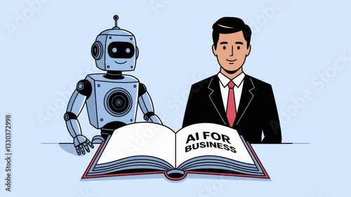 A businessman and a robot are studying a book titled 