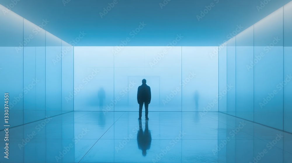 Fototapeta premium Solitary Figure in a Blue-Lit Minimalist Room: A Study in Isolation and Contemplation