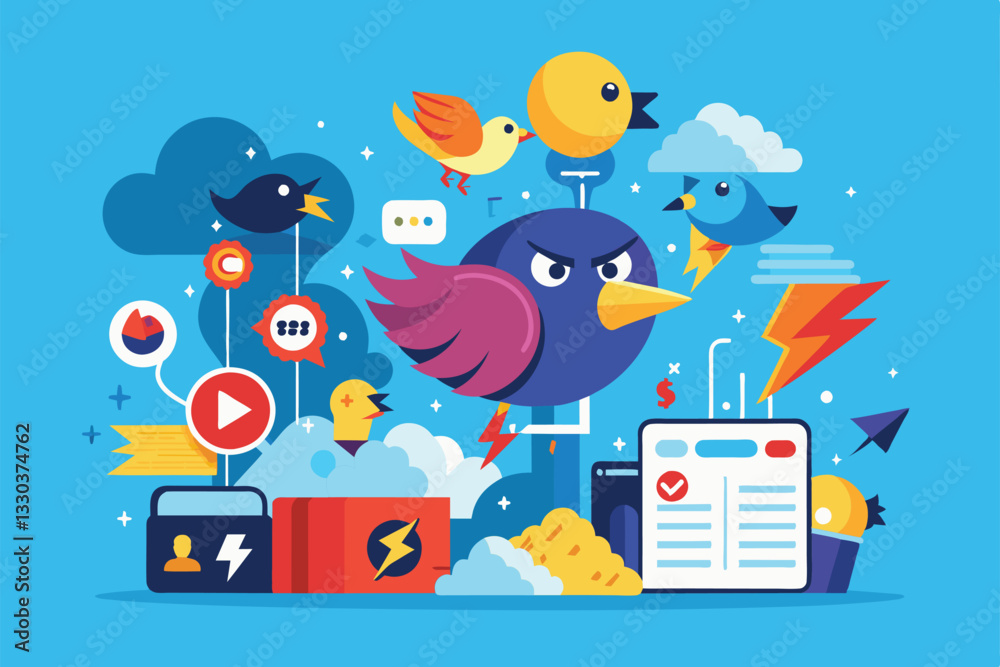 A vibrant design featuring various birds and social media icons representing tweetstorms in action, Tweetstorm Customizable Disproportionate Illustration A vibrant design featuring various birds and social media icons representing tweetstorms in action, Tweetstorm Customizable Disproportionate Illustration