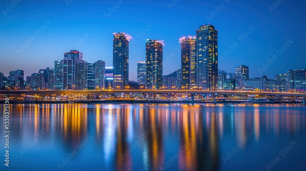 Obraz premium Reflective Majesty: Modern cityscape with water reflections at twilight hour