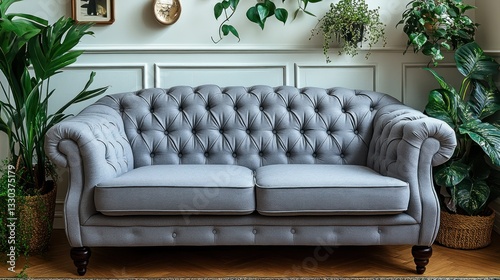 Gray tufted sofa in a plant-filled room photo