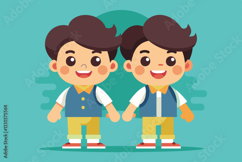 Cute twins dressed in colorful outfits stand side by side, smiling and holding hands happily, Twins Customizable Cartoon Illustration