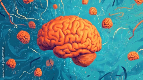 Vibrant Abstract Brain Artwork with Floating Neural Elements