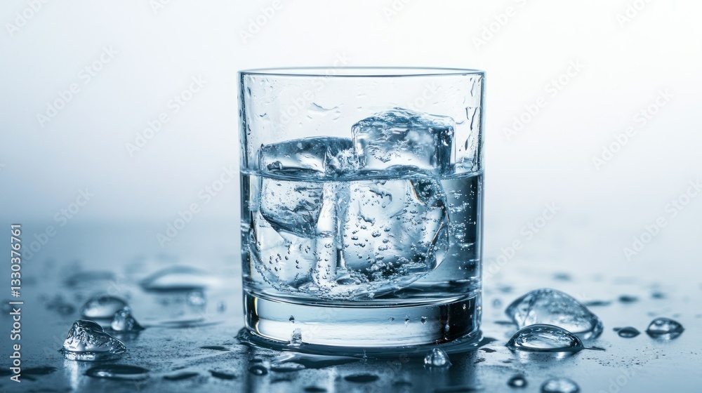 Clear Glass with Ice Cubes and Water on a Reflective Surface Clear Glass with Ice Cubes and Water on a Reflective Surface