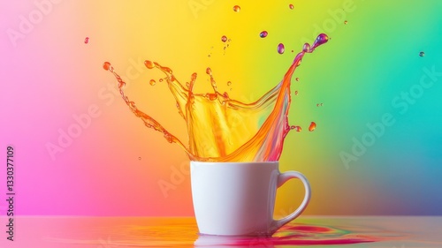 Colorful Liquid Splash in White Mug Against Bright Gradient Background
