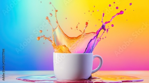Colorful Liquid Splash from White Cup on Vibrant Gradient Background