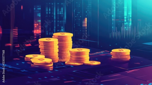 Stacks of Golden Coins on a Futuristic Digital Interface Background