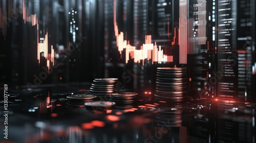 Digital Financial Data with Coins on Stock Market Background