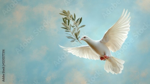 Peaceful white dove soaring with olive branch against blue sky