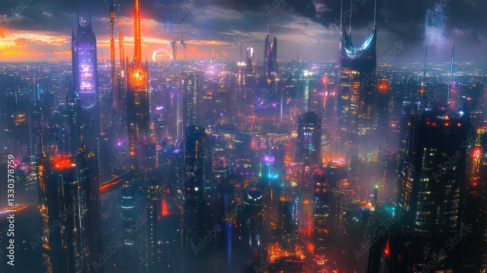 Obraz premium A futuristic metropolis skyline illuminated with colorful vibrant lights