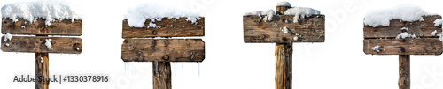 Wooden signboard covered with snow on transparent background collection set
