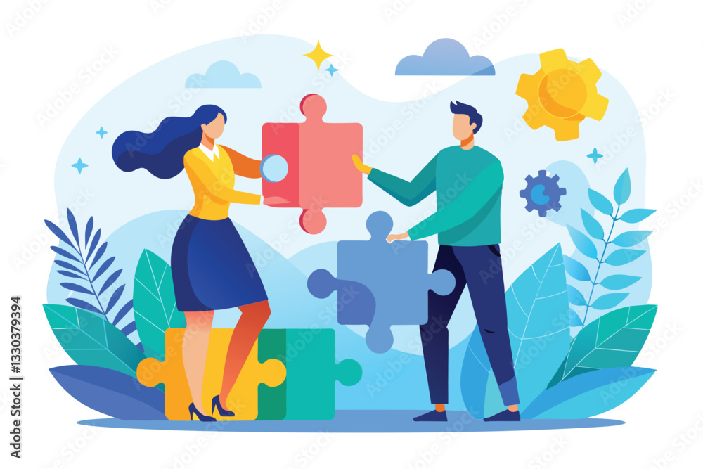 A man and woman are working together to piece a colorful puzzle in a vibrant outdoor setting, two business people building a working puzzle A man and woman are working together to piece a colorful puzzle in a vibrant outdoor setting, two business people building a working puzzle
