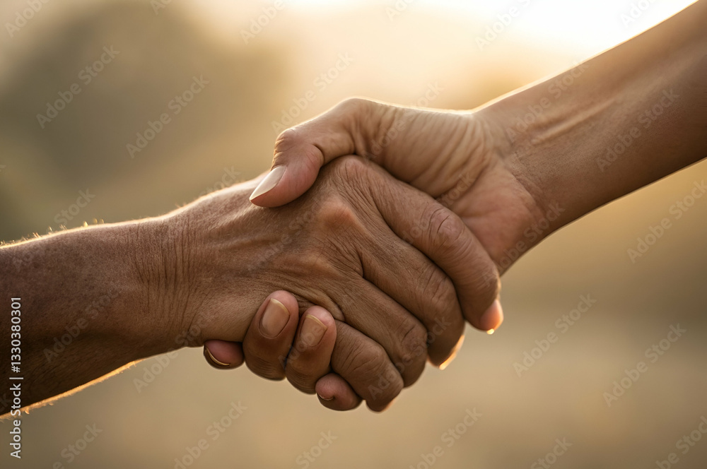 Two Hands Shaking Together Symbolizing Unity, Agreement, Cooperation, Trust, Partnership in Natural Outdoor Environment with Soft Warm Lighting Two Hands Shaking Together Symbolizing Unity, Agreement, Cooperation, Trust, Partnership in Natural Outdoor Environment with Soft Warm Lighting