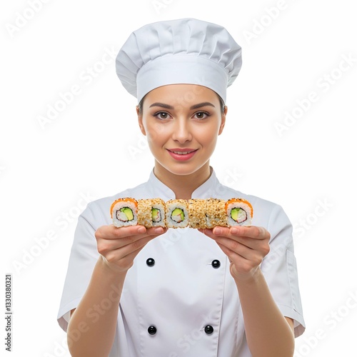 Female Chef with Fresh California Sushi Roll photo