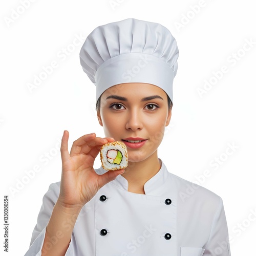 Female Chef with Fresh California Sushi Roll photo