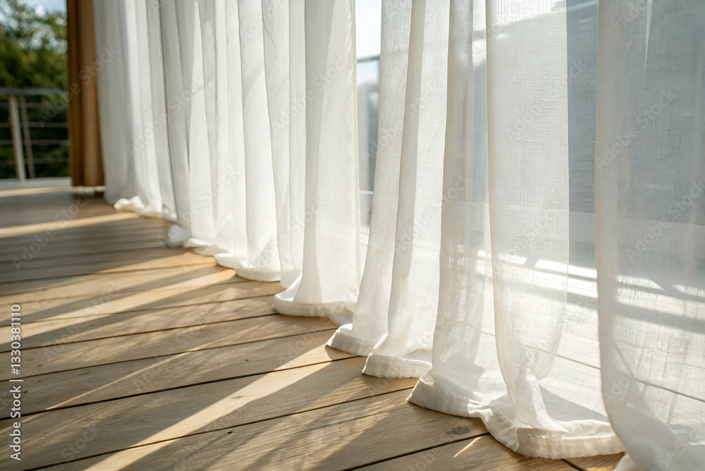 Soft, Flowing Curtains Draped Gracefully Along Natural Wood Floor, Bathed in Warm Sunlight with Shadows Creating a Serene Atmosphere Soft, Flowing Curtains Draped Gracefully Along Natural Wood Floor, Bathed in Warm Sunlight with Shadows Creating a Serene Atmosphere