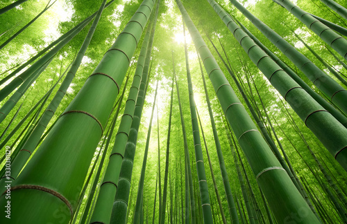 Lush Bamboo Forest with Vibrant Green Stalks and Sunlight Filtering Through the Canopy Creating a Serene and Tranquil Atmosphere Ideal for Nature Lovers