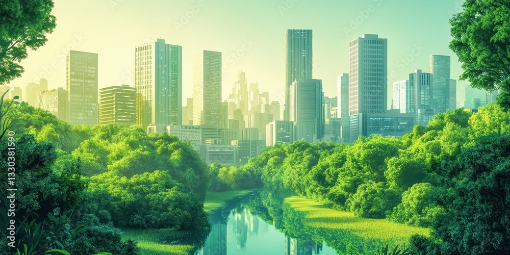 Fototapeta premium A green landscape with a city skyline in the background