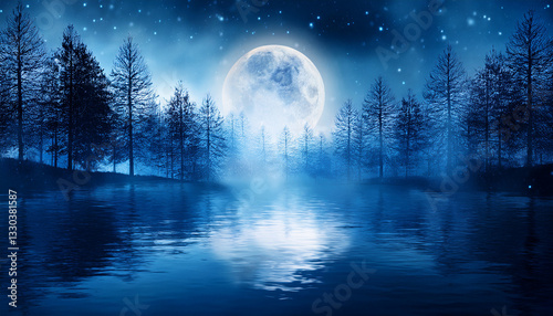  Ethereal Night Landscape with Luminous Full Moon and Starry Sky Reflecting in Misty Lake Surrounded by Silhouette Pine Forest - Magical Fantasy Background