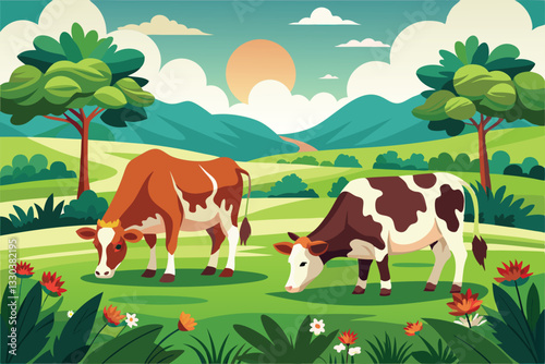 Two cows are grazing on the vibrant grassland with colorful flowers under a warm sunset sky, Two cows at the grassland vector illustration