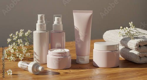 Soft pastel skincare products arranged on wooden surface