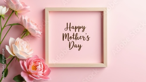Mother’s Day minimalist greeting card mockup with an embossed gold foil “Happy Mother’s Day” text, placed on a soft blush fabric backdrop
