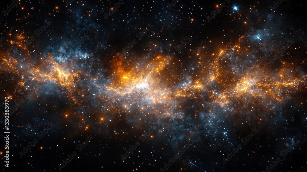 Naklejka premium Cosmic nebula, vibrant orange and blue celestial clouds, scattered stars against a deep black backdrop.