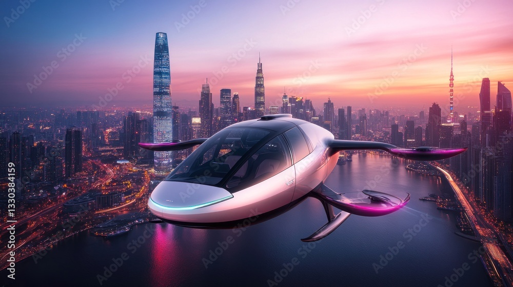 Autonomous aerial vehicle flying over futuristic city at sunset time