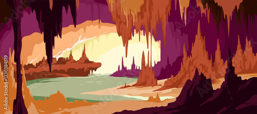 Ancient tunnel with stone cliffs and pond, rocky formation for spelunking adventure cartoon. Cave landscape with natural sand stalagmites and stalactites, blue underground lake.
