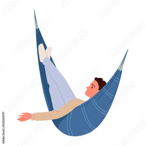 Summer rest of boy sitting in hanging green hammock, front view. Young barefoot man resting in fabric swing bed and watching, recreation of person in garden camping cartoon