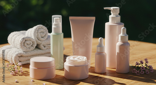 Skincare collection displayed on wooden surface with pastel tones