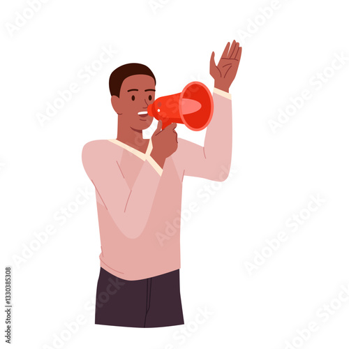 Young man shouting protest messages in loudspeaker, leadership on demonstration. Male activist holding megaphone for public attention to civil movement, motivation cartoon vector illustration