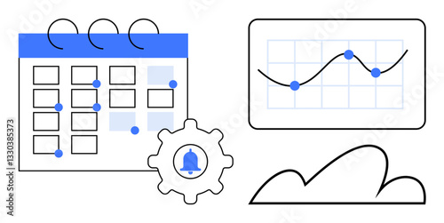 Calendar with marked events, gear with notification bell, data graph with dots, and cloud. Ideal for productivity, scheduling, reminders, data management cloud storage planning analytics. Flat