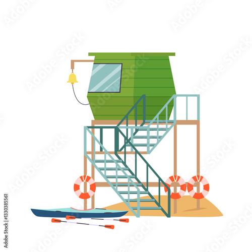 Lifeguards green wooden tower with rescue boat and lifebuoys. Summer beach house with alert bell on rope, first aid emergency equipment to save life of drowning people cartoon vector illustration