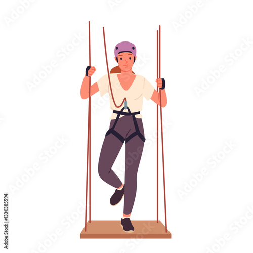 Climbing fun adventure of young woman in rope park. Girl in safety harness belt and helmet standing on wooden platform, holding rope for extreme leisure and challenge cartoon vector illustration