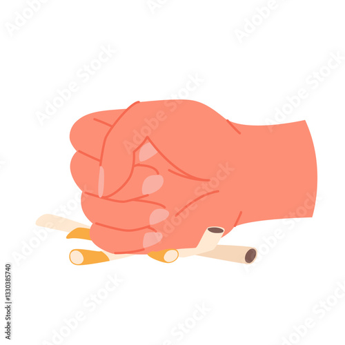 Fist crushing cigarettes in quit smoking bad habit and nicotine poison addiction. Human hand pressing down cigarettes and butts pile to break and ban narcotic temptation cartoon vector illustration