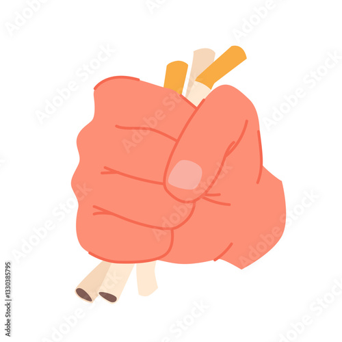 Human hand crushing bundle of cigarettes in fist, quit smoking campaign. Male palm clutching cigarettes to break and destroy bad health habit, ban and avoid addiction cartoon vector illustration