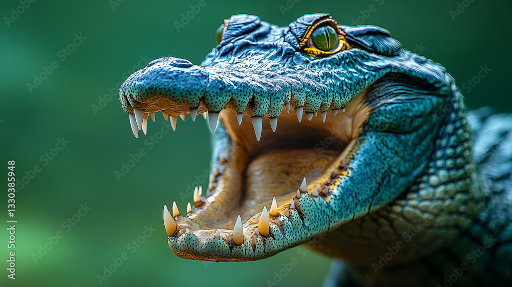 Fototapeta premium Blue crocodile with open jaw displaying sharp white teeth and yellow eye against green background. Extreme close-up of reptile predator showing detailed texture of scaly skin